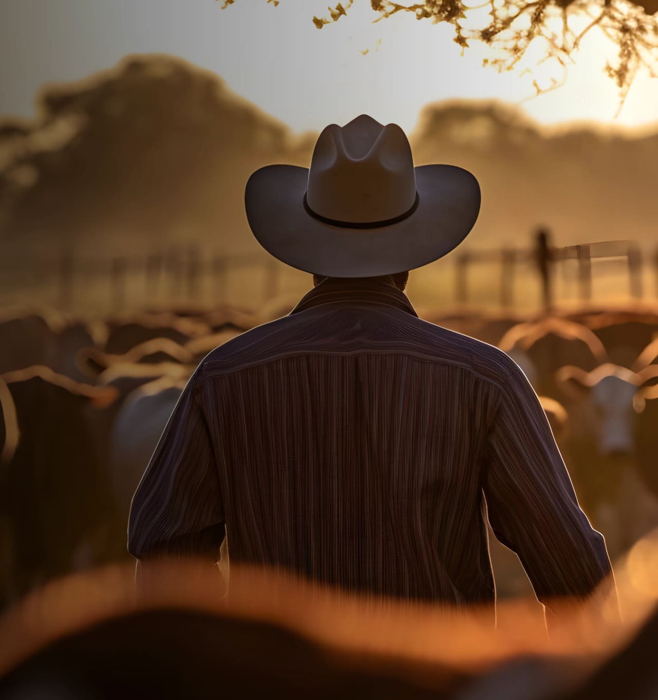 Pecuarista de chapéu, de costas, observando o rebanho ao entardecer.